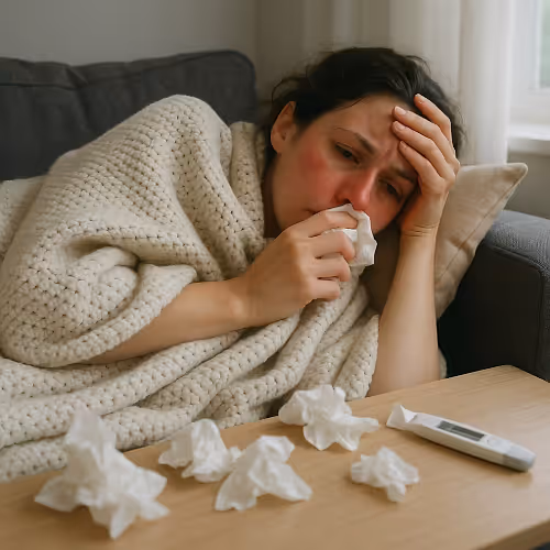 A person receives IV therapy to fight cold and flu symptoms in a comfortable setting.