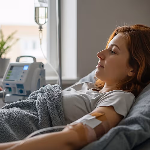 A patient receives IV therapy in a calm setting, supporting immune system recovery after Epstein-Barr Virus infection.