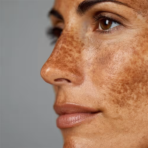 A woman with a radiant, even complexion sits comfortably, highlighting the benefits of IV therapy to reduce hyperpigmentation and dark spots.