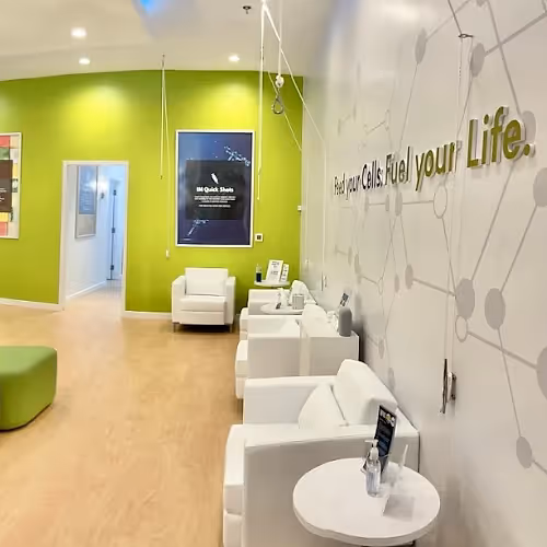 Spacious wellness lounge with comfortable seating and calming atmosphere